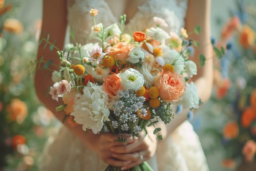 A woman is holding a bouquet of flowers in her hands. The bouquet is a mix of white and orange flowers, and it is arranged in a way that makes it look like a bouquet of roses