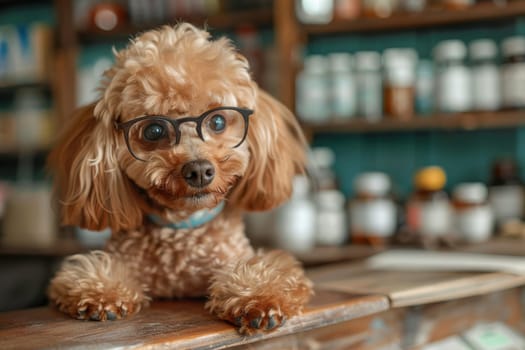 A small dog wearing glasses is sitting on a wooden table. The dog appears to be happy and content