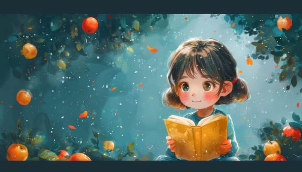 A girl is reading a book in a forest with apples in the background by AI generated image.