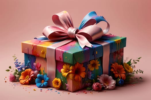 gift box with ribbon decorated with flowers .