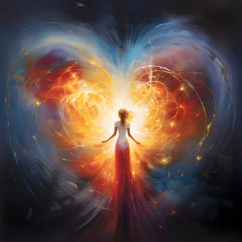 Silhouette of a Woman standing in front of a large heart made of dust, fire, particles, light. Heart as a symbol of affection and love. The time of falling in love and love.
