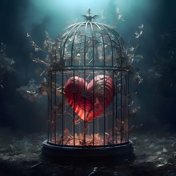 A red heart enclosed in a birdcage. Heart as a symbol of affection and love. The time of falling in love and love.