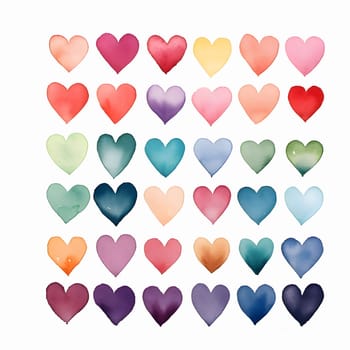 Colorful, paint-painted Hearts arranged in lines and rows. White isolated background. Heart as a symbol of affection and love. The time of falling in love and love.