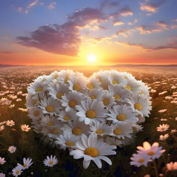 Heart made of white and yellow daisy flowers in a field at sunset. Heart as a symbol of affection and love. The time of falling in love and love.