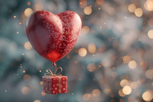 A red heart is floating in the air above a red box. The heart is surrounded by snowflakes, giving the image a festive and joyful mood