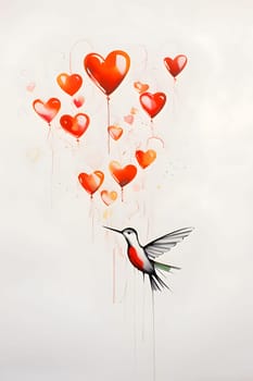 Red, orange balloons and a bird isolated background. Heart as a symbol of affection and love. The time of falling in love and love.