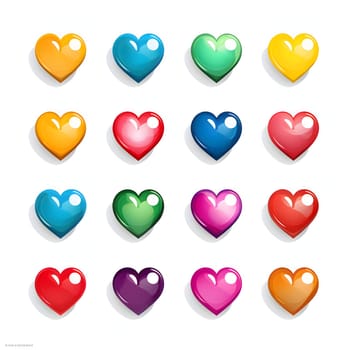 Arranged in lines and rows of colorful hearts on a white isolated background. Heart as a symbol of affection and love. The time of falling in love and love.