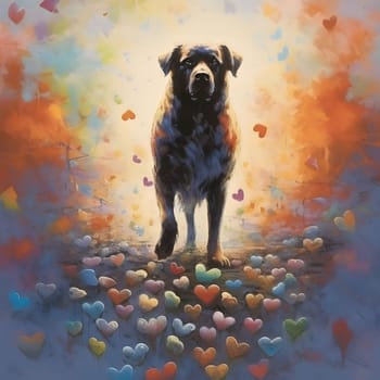 Big dog trampling on colorful hearts, illustration. Heart as a symbol of affection and love. The time of falling in love and love.