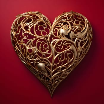 Gold heart with beautiful decorations on a red background. Heart as a symbol of affection and love. The time of falling in love and love.