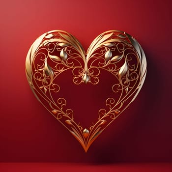 Gold heart with beautiful decorations on a red background. Heart as a symbol of affection and love. The time of falling in love and love.