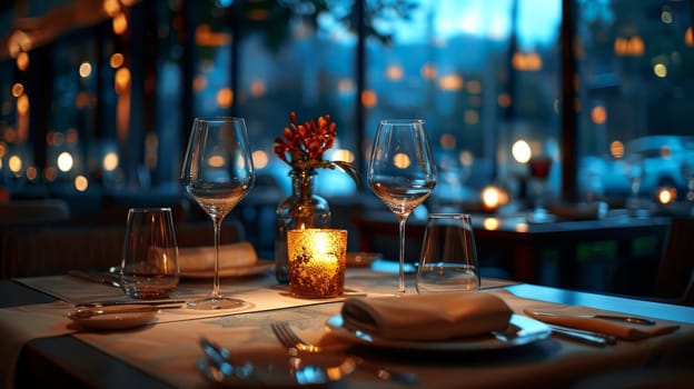 A table with two wine glasses and a candle on it. The candle is lit and the table is set for a romantic dinner