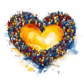 Illustration. People in colorful clothes, forming a heart white background. Heart as a symbol of affection and love. The time of falling in love and love.