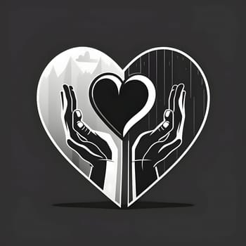 Logo concept two hands in the middle of a heart, solid dark background. Heart as a symbol of affection and love. The time of falling in love and love.