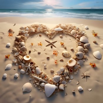 Heart on the sand on the beach with seashells in the background sea. Heart as a symbol of affection and love. The time of falling in love and love.