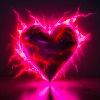 Red and pink heart with lightning bolts on a dark background. Heart as a symbol of affection and love. The time of falling in love and love.