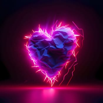 Red and pink heart with lightning bolts on a dark background. Heart as a symbol of affection and love. The time of falling in love and love.