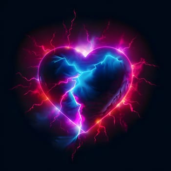 Red and pink heart with lightning bolts on a dark background. Heart as a symbol of affection and love. The time of falling in love and love.