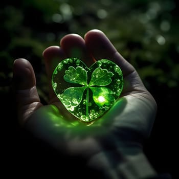 Held in the hand a green heart with a four-leaf clover center. Heart as a symbol of affection and love. The time of falling in love and love.