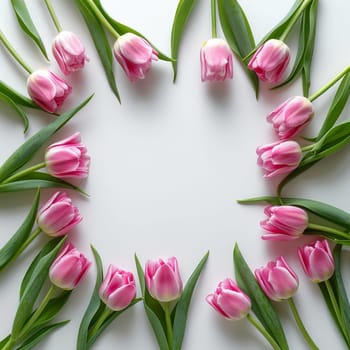 A bunch of pink tulips are arranged in a circle on a white background. The flowers are surrounded by green leaves, creating a beautiful and serene scene. The arrangement of the flowers