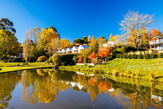 DAYLESFORD, AUSTRALIA - MAY 12 2024: Landscape around Lake Daylesford in a cool late autumn afternoon in Daylesford, Victoria, Australia