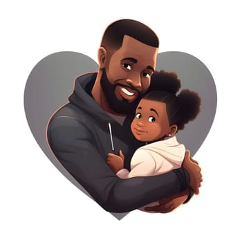 Black man hugging his daughter in a heart white background. Heart as a symbol of affection and love. The time of falling in love and love.