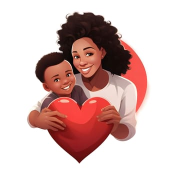 Black woman hugging her son with a heart white background. Heart as a symbol of affection and love. The time of falling in love and love.