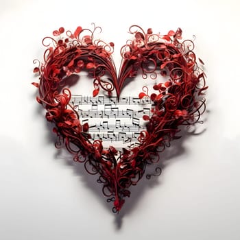 Red decorated heart in the middle of the note. White background. Heart as a symbol of affection and love. The time of falling in love and love.