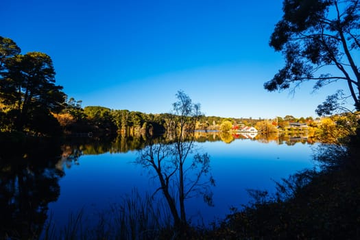 DAYLESFORD, AUSTRALIA - MAY 12 2024: Landscape around Lake Daylesford in a cool late autumn afternoon in Daylesford, Victoria, Australia