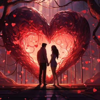 A couple in love holding hands opposite a large glowing red heart. Heart as a symbol of affection and love. The time of falling in love and love.