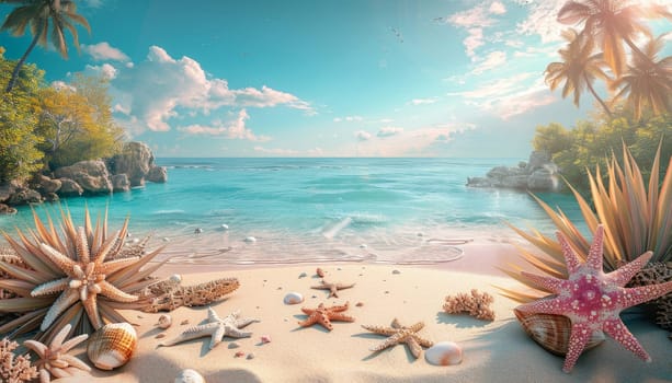A beach scene with a large body of water and a few starfish and shells by AI generated image.