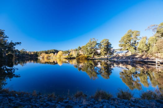 DAYLESFORD, AUSTRALIA - MAY 12 2024: Landscape around Lake Daylesford in a cool late autumn afternoon in Daylesford, Victoria, Australia