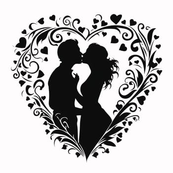 Black Silhouette of a kissing couple in the middle of a large decorated black heart, white background isolated. Heart as a symbol of affection and love. The time of falling in love and love.