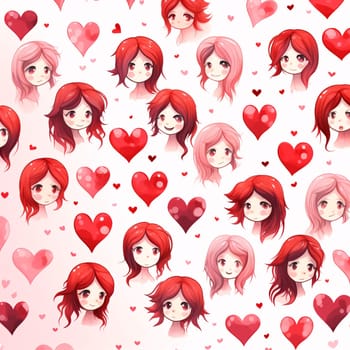 Faces of girls and colorful red, pink hearts, white background. Heart as a symbol of affection and love. The time of falling in love and love.