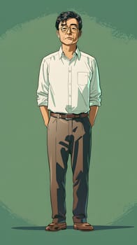 A man with short hair wearing a white dress shirt and brown pants stands with his hands in his pockets, showing a relaxed gesture with his thumbs peeking out