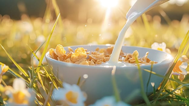 Pouring fresh milk into bowl of cereal in the English countryside field on a sunny morning for breakfast