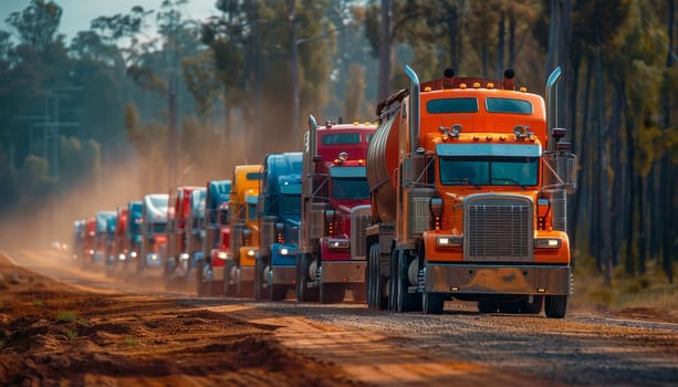 A line of red semi trucks are driving down a wet road by AI generated image.