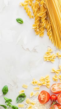 Pasta recipe preparation flatlay background with ingredients, spaghetti, olive oil, garlic, tomatoes and spices in the kitchen, homemade food recipe idea