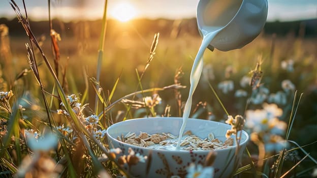 Pouring fresh milk into bowl of cereal in the English countryside field on a sunny morning for breakfast