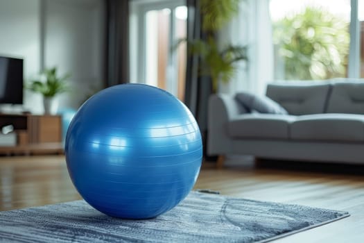 A blue exercise ball sits on a rug in a living room. The room is furnished with a couch and a chair, and there are potted plants and a television in the background