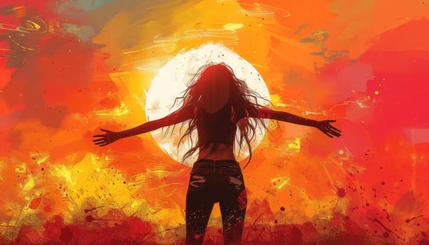 A woman is standing in front of a large red sun by AI generated image.