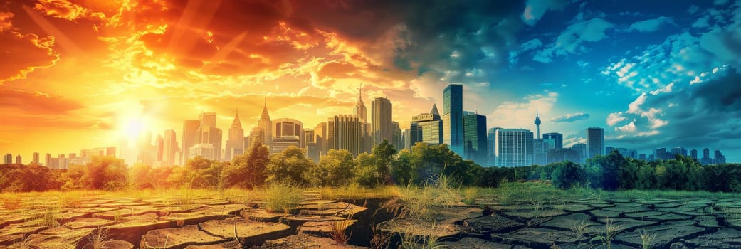 A city skyline is shown with a bright orange sun in the background by AI generated image.