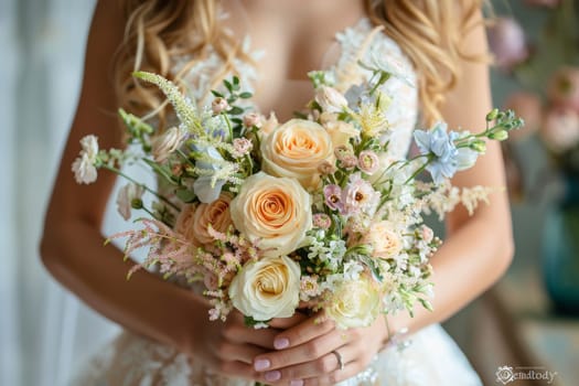 A woman is holding a bouquet of flowers in her hands. The bouquet is a mix of pink and white flowers, and it is arranged in a way that makes it look like a beautiful and elegant centerpiece