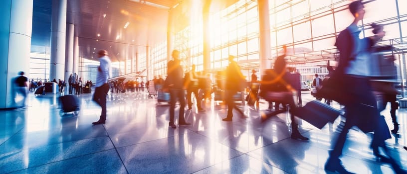 A busy airport with people walking around and carrying luggage by AI generated image.