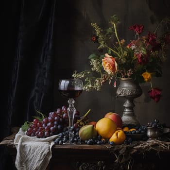 Classic still life composition with a rich arrangement of flowers and fresh fruits and a glass of wine, accented by lush, vintage floral elements