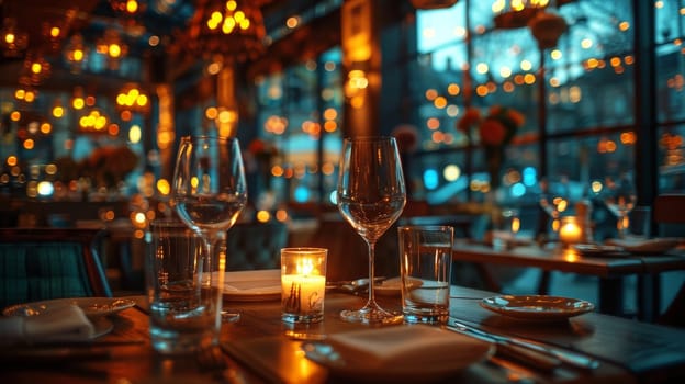 A table with a candle and wine glasses on it. The candle is lit and the table is set for a romantic dinner