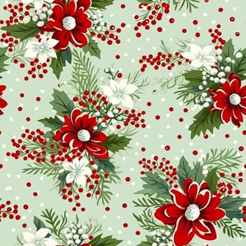 Seamless pattern, tileable Christmas holiday floral country dots print, English countryside flowers for wallpaper, wrapping paper, scrapbook, fabric and product design motif