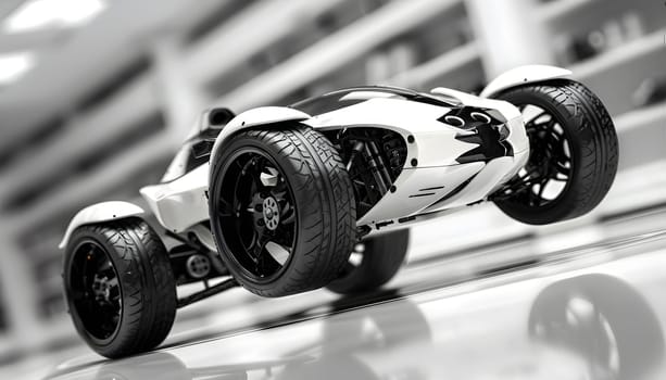 A black and white photo featuring a toy car with synthetic rubber tires driving on a track, showcasing the wheel, tire, and rim of the vehicle