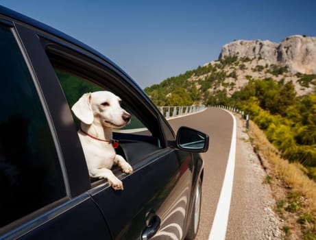 Sunny summer day on an empty mountain road. A happy dachshund dog leans out of the window of a black car. AI generated
