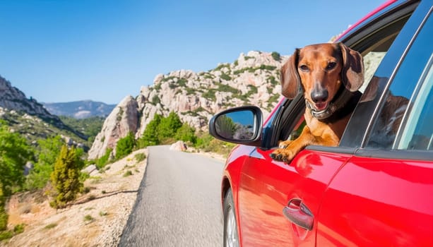 Sunny summer day on an empty mountain road. A happy dachshund dog leans out of the window of a red car. AI generated