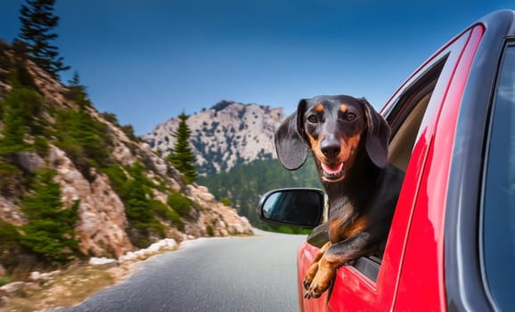 Sunny summer day on an empty mountain road. A happy dachshund dog leans out of the window of a red pickup. AI generated